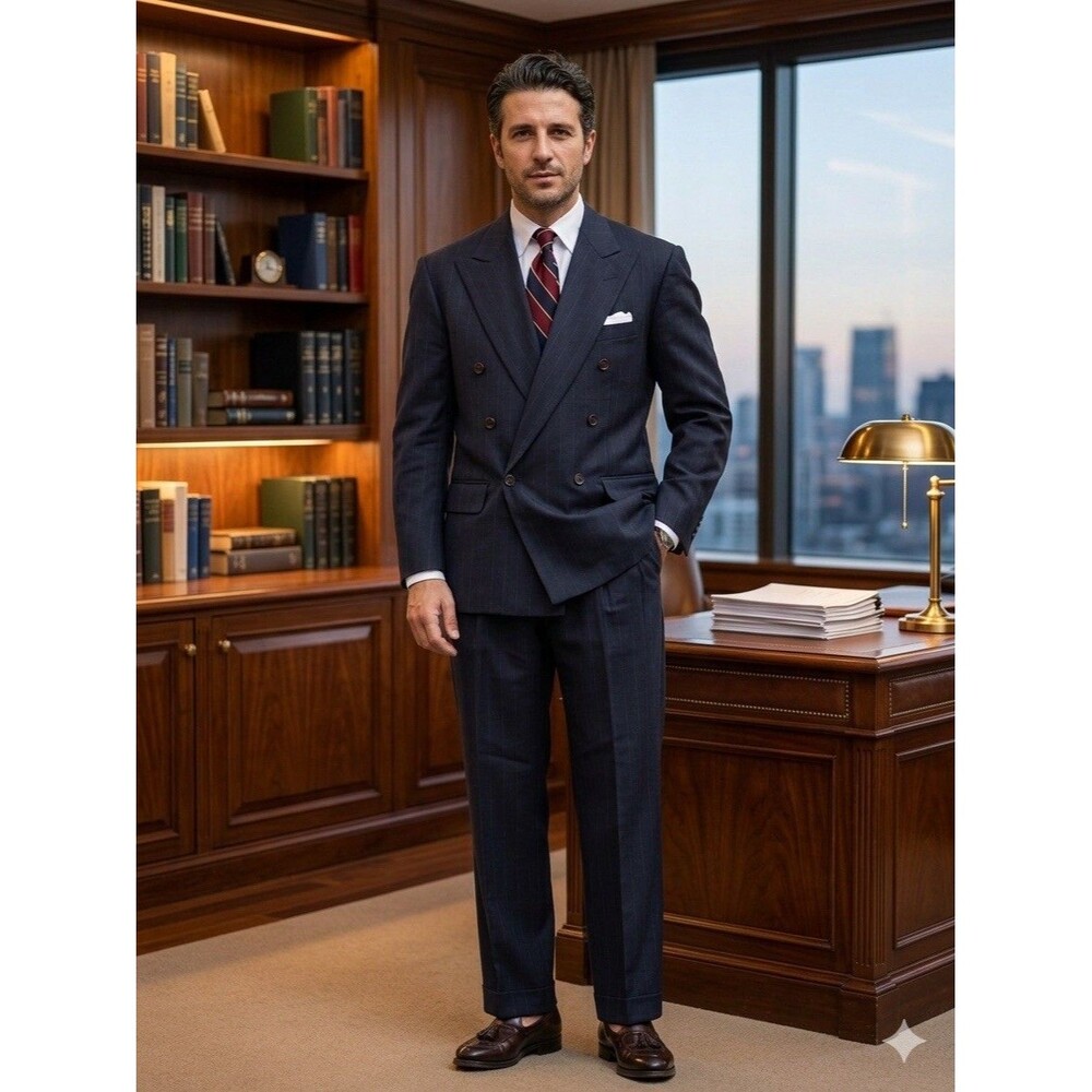 Polo University Club Ralph Lauren Pinstripe Double Breasted Suit Navy 41S 36x29